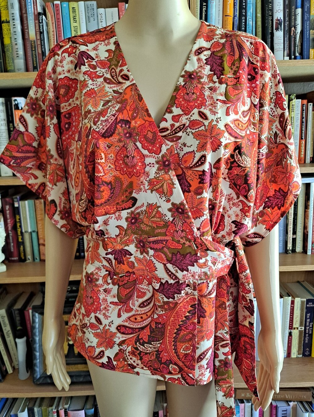 Ninety Wrap Top in Vibrant Red In Paisley Chic V-Neck